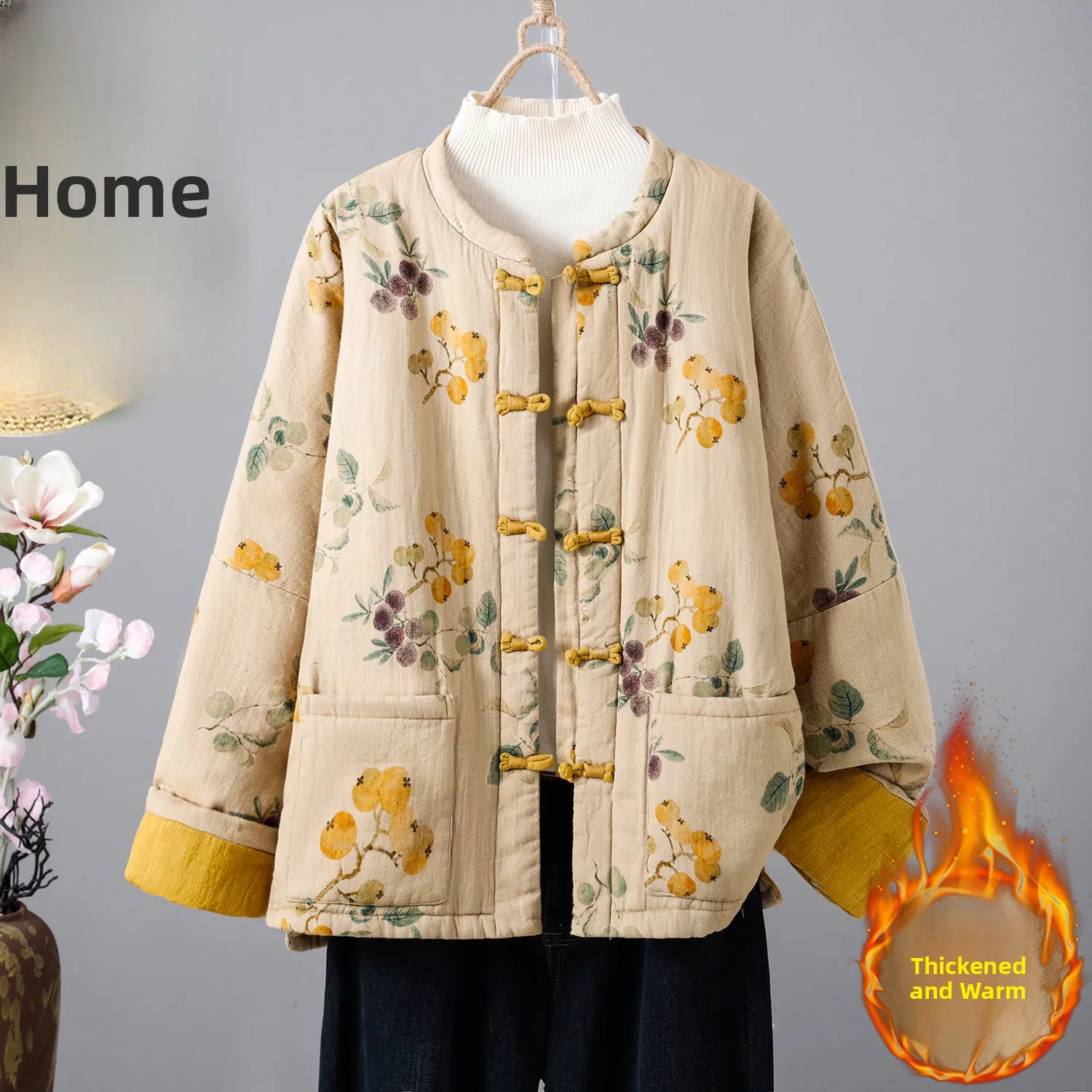 

Winter Cotton Jacket Large Size Artistic New Chinese Retro Print Long Sleeve Thick Warm Stand Collar Button up Coat for Women