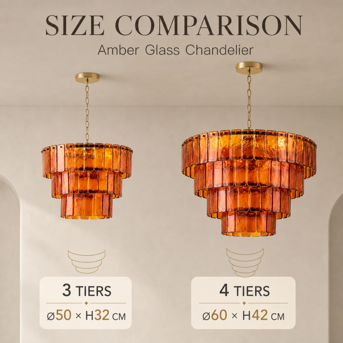 Retro Murano 2026 Latest Chandelier Amber Glass Slats Triple Tier Structure Adjustable Chain Warm Amber Gold For Luxury Salon