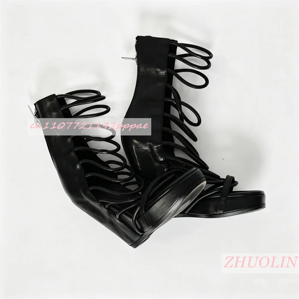 Women Platform Wedge Sandals Open Toe Black Strappy Shoes Multi Strap Ankle Buckle Detail Fashion Summer Streetwear Footwear 43