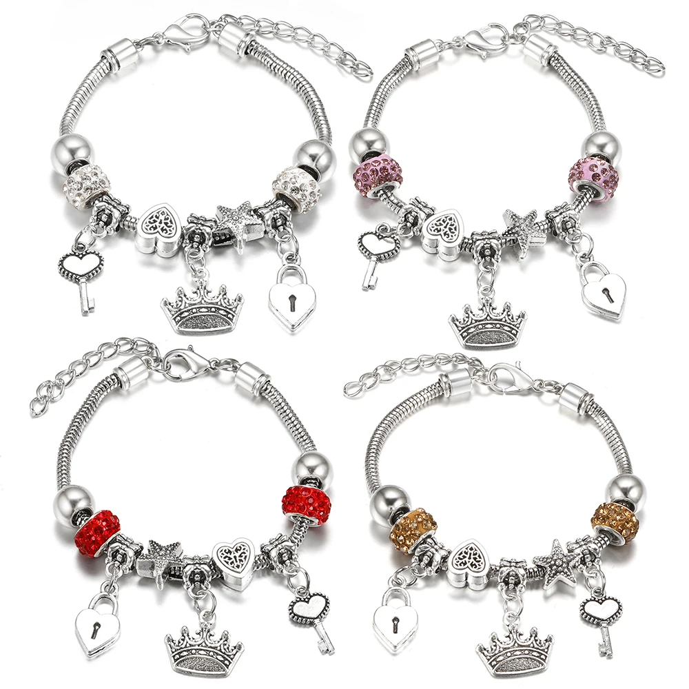 Charm Crown Pendant 5 Color Beaded Bangle Lobster Buckle Adjustable Snake Chain Heart Key Lock Rhinestone Bracelet Jewelry Gift