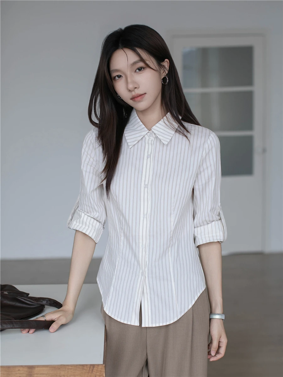 

Элегантная женская рубашка с длинным рукавом в полоску, модная, приталенная, повседневная, из дышащей хлопково-полиэстеровой смеси, весна-лето, новинка