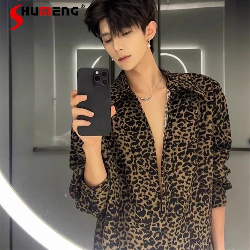 Male 2025 Summer New Trendy Handsome High-end Chic Shirts Light Luxury Jackets Fashion High Street Leopard Print Ice Silk Shirts