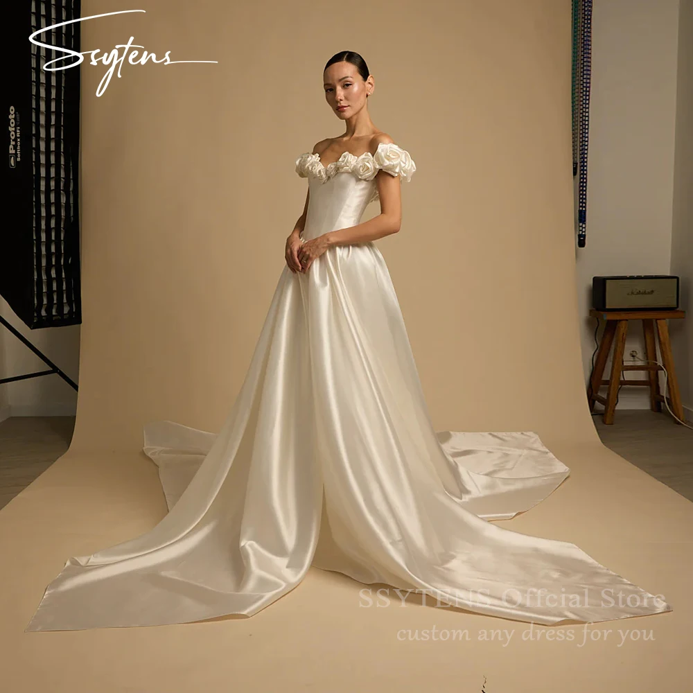 

SSYTENS Elegant Satin Wedding Dresses For Woman Bride Off Shoulder 3D Flowers Bridal Gown Robe De Mariée Personalized Customized