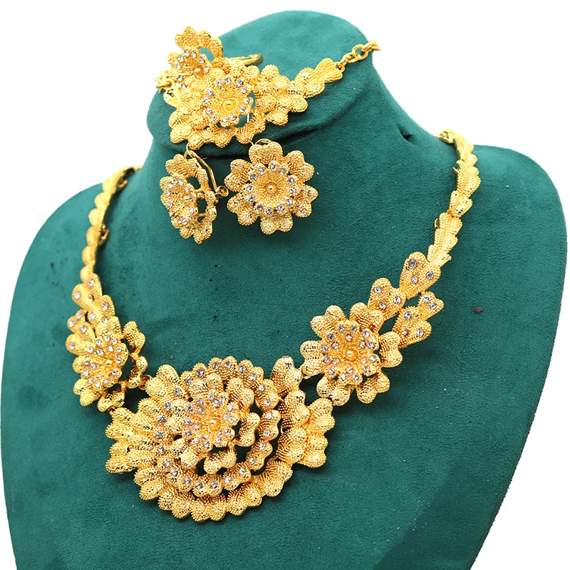 Ethiopian Wedding Gift 24k Dubai African Women's Jewelry Set Gold Flower Dotted Brick Necklace Bracelet Earrings Ring Jewelry