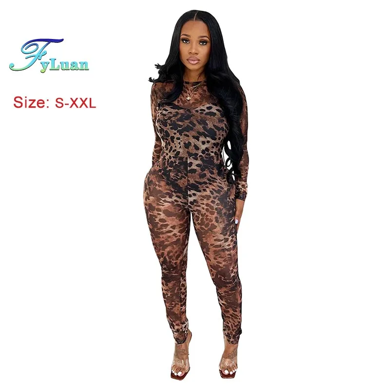مثير Bodycon حللا ملابس حريمي ليوبارد شبكة طباعة شبه منظور الانتقال دعوى طويلة الأكمام ارتداءها ملهى ليلي نادي الملابس