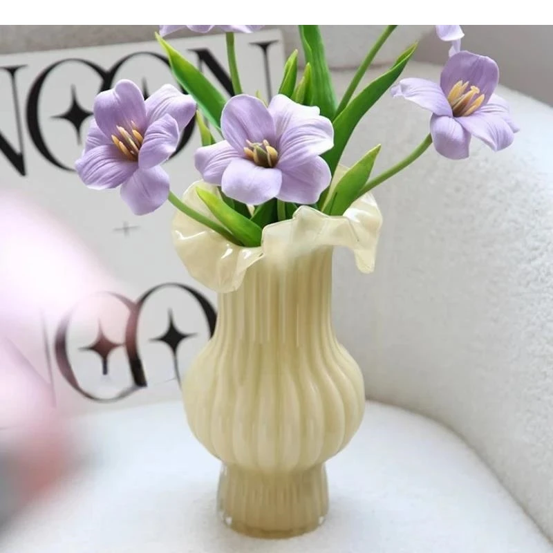 Glass Vase Vintage Floral Arrangement Accessories with Colorful Pleats Flower Terrarium Pot Home Decoration