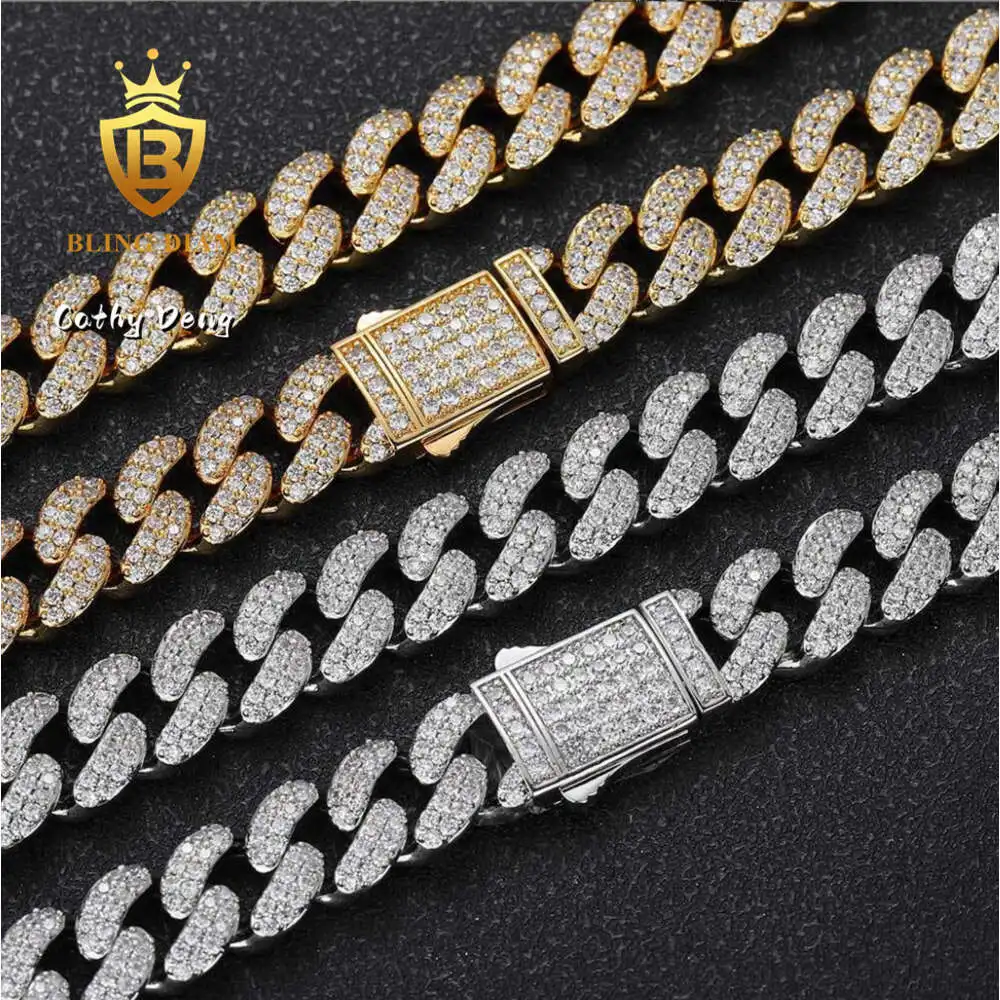 Bling Mens Jewelry Link Chain 12mm 2 Row Spring Buckle Cuban Link Chain Ice Out 5a+ Cz Zircon Diamond Cuban Link Chain Necklace