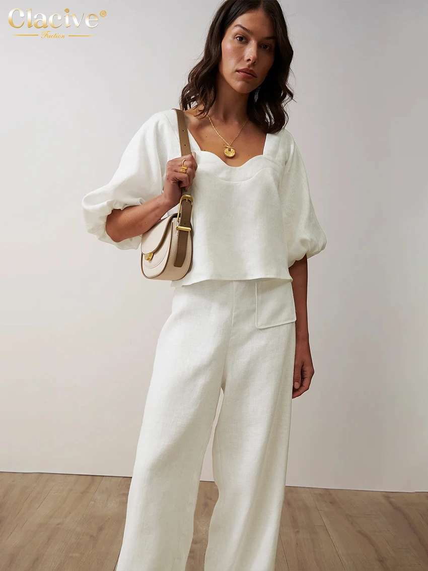 Clacive Fashion Loose White Cotton 2 Piece Set Women Outfit 2024 Summer Short Sleeve Shirt With High Waist Wide Pants Set Female