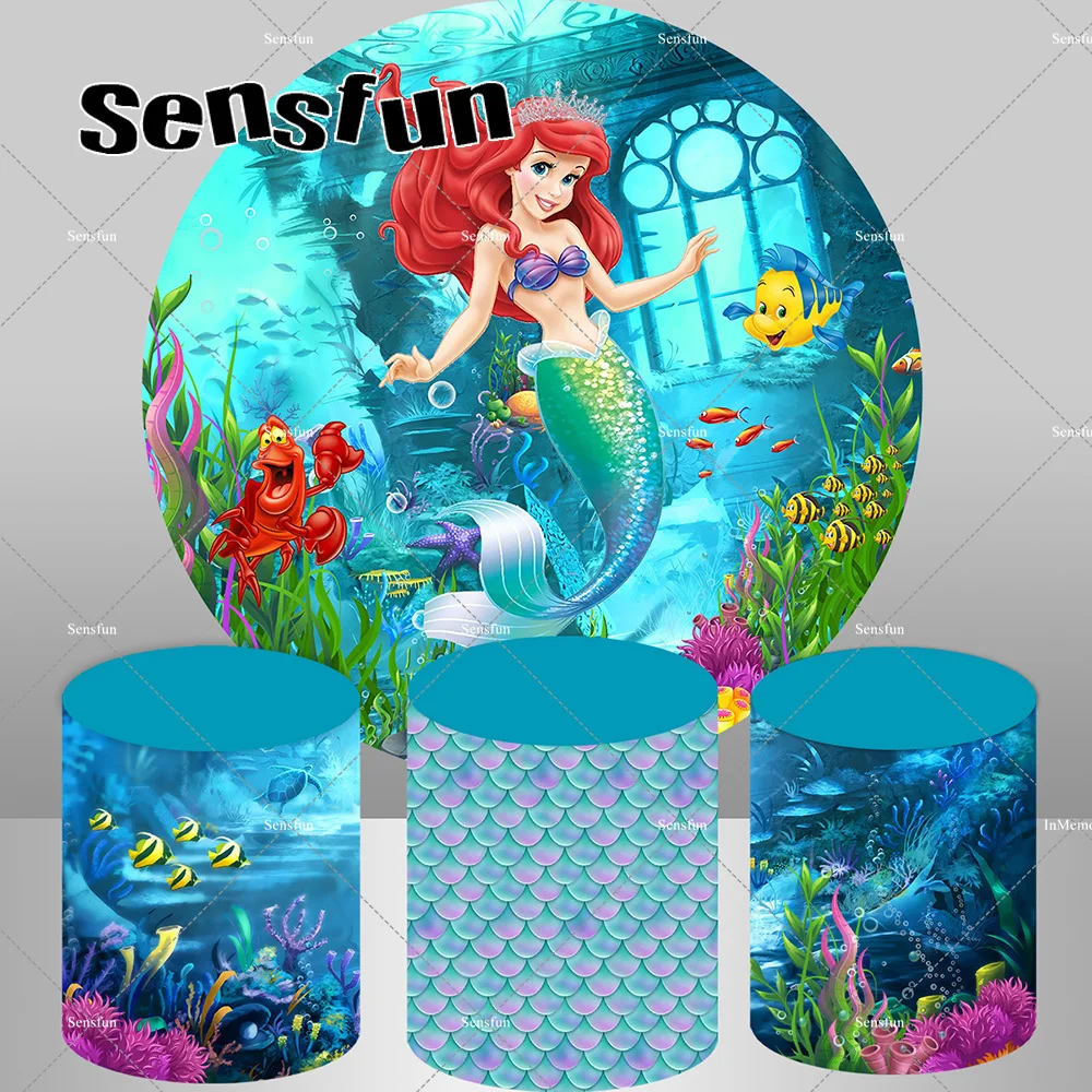 Disney mała syrenka Ariel okrągłe tło okładka dziewczyny pod morzem przyjęcie urodzinowe koło tło osłony na cokole dostosowane