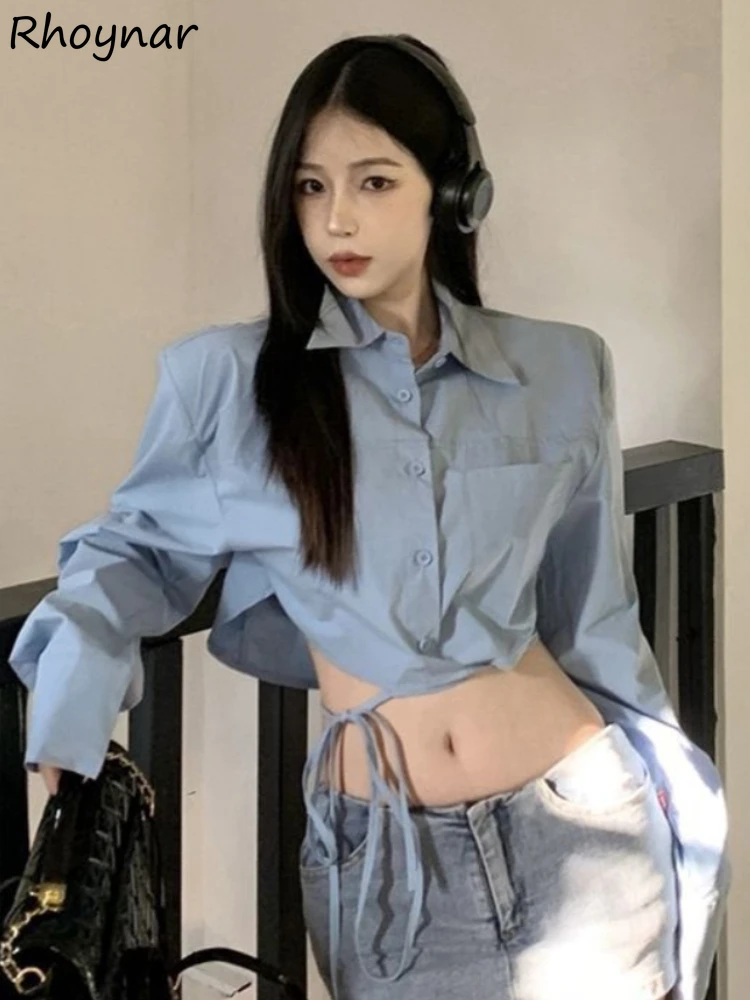 

Рубашки на шнуровке, женские однотонные свободные дизайнерские весенние укороченные топы с длинными рукавами, корейский стиль, простые дышащие, сексуальные женские шикарные рубашки