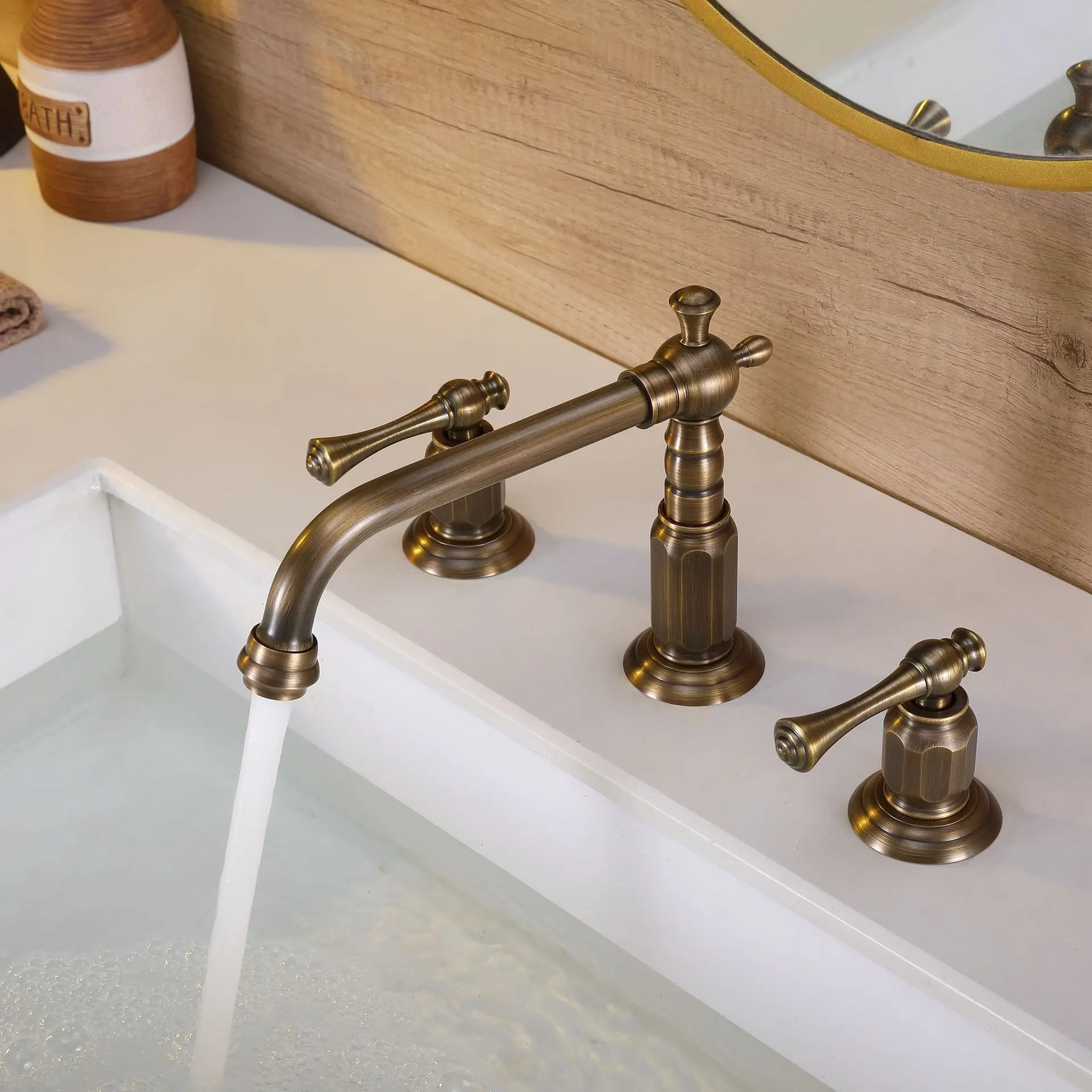 Widespread Bathroom Basin Brass Classical Bathroom Sink Faucet Antique Brozen Hot And Cold Water Tap Mixer
