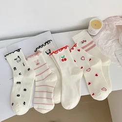 Women Socks Cotton Cute Rabbit Cherry Love Print Striped Ruffle Female Cartoon Animal Embroidery Stockings White Student Socks
