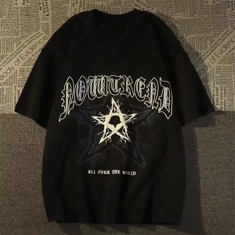 

2025 Heavy Cotton American Retro Star Short Sleeve T-shirt Men and Women's Fashion Brand Large Size Loose Half Sleeve Couple Top