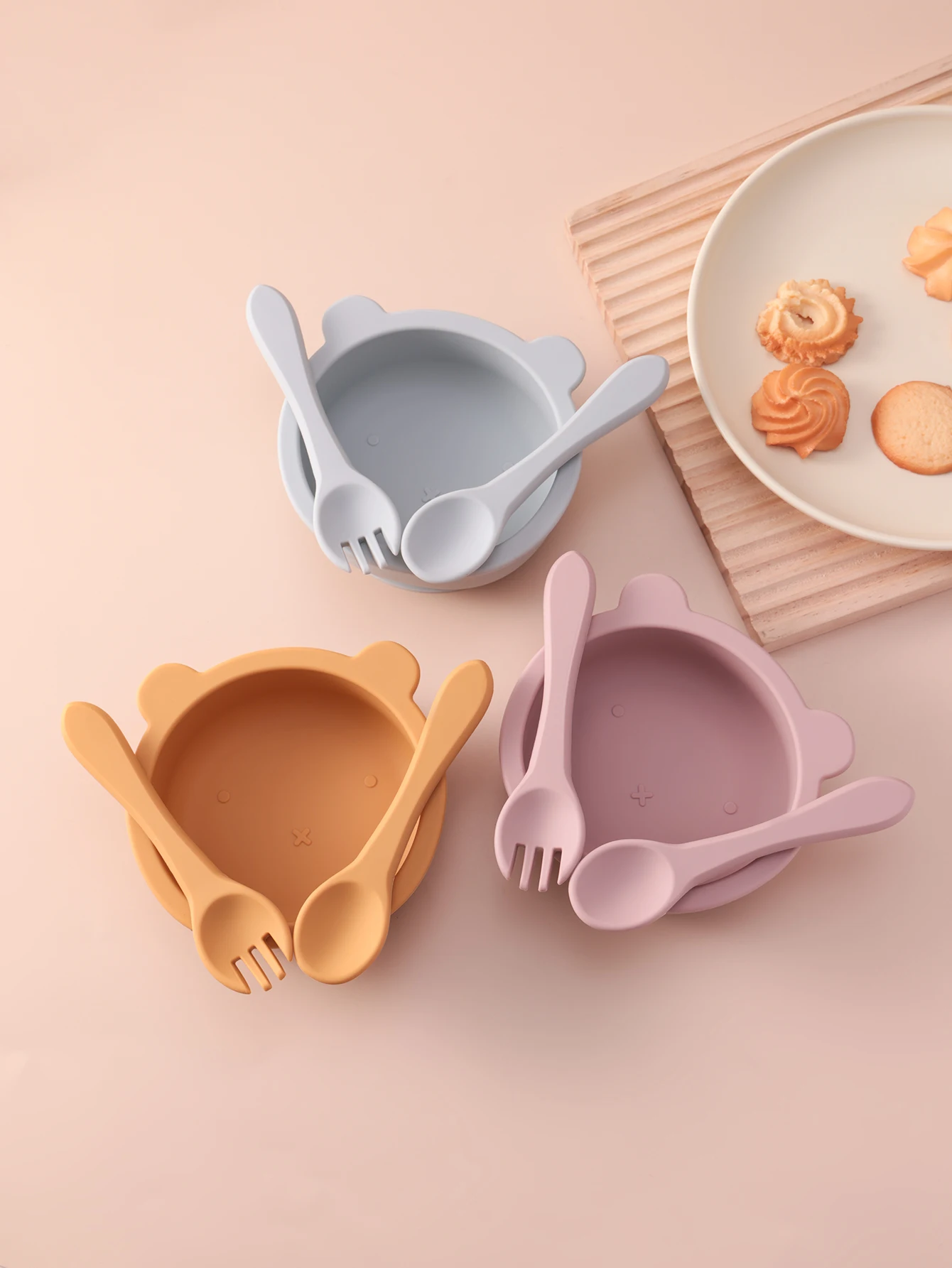 3PCS Silicone Baby Feeding Bowl Set With Suction Base BPA Free Toddler Utensils Spoon Fork Kids Tableware Training Plate