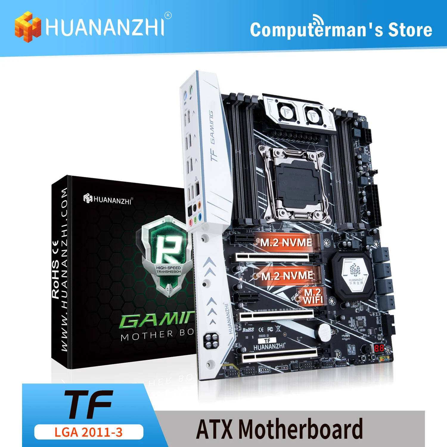 เมนบอร์ด Huanzhi TF รองรับ E5 Intel Xeon LGA2011-3ทุกซีรีส์ DDR3 DDR4หน่วยความจำ NON-ECC NVMe Ru