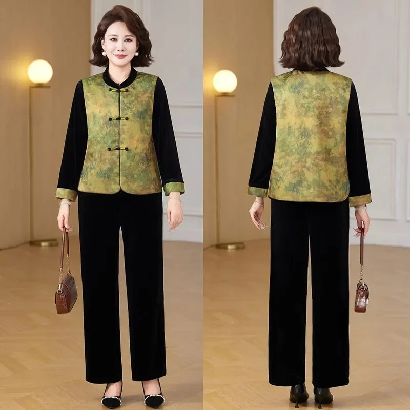 

Корейский женский комплект из трех предметов больших размеров 4XL: осенний костюм с длинными рукавами и брюками, 3 предмета, для женщин среднего возраста, бархатный комплект с лоскутными вставками