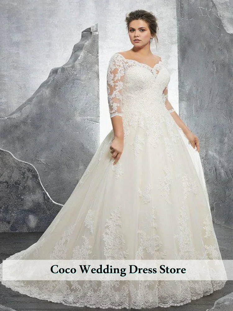 

Customized Elegant Plus Size Lace Applique Wedding Dress A-line Off Shoulder Half Sleeves Bridal Gowns Boho Vestido De Novia
