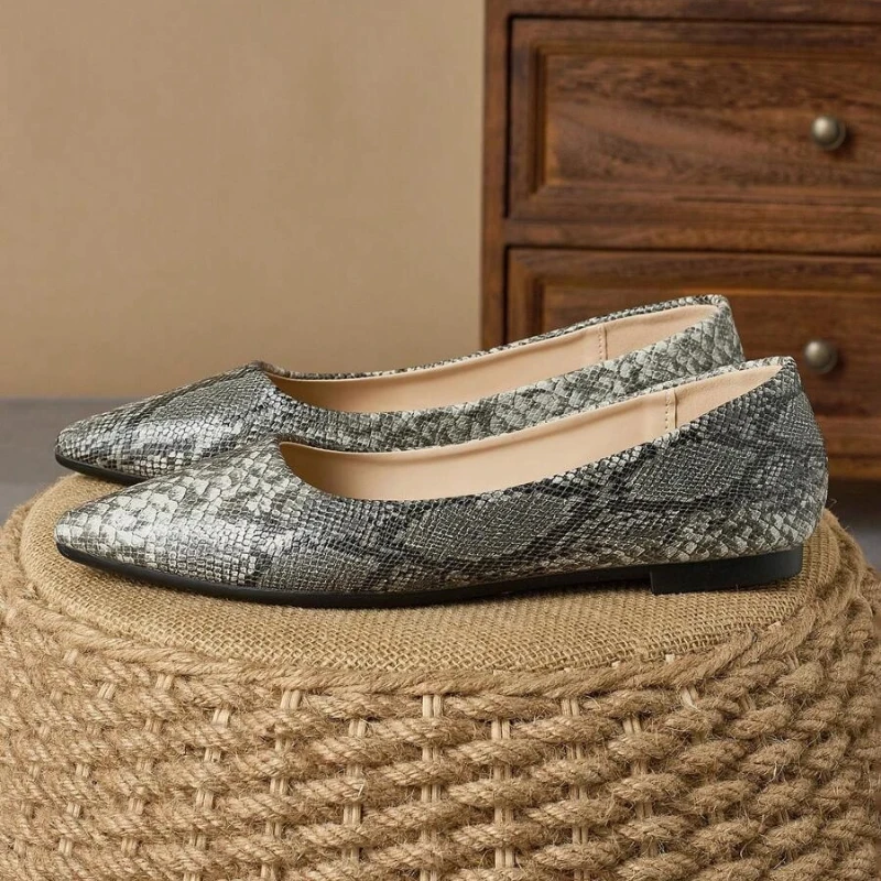 

Женские повседневные лоферы без шнуровки на плоской подошве с острым носком из змеиной кожи, серые, на весну, лето, осень, женская кожаная обувь, лаконичная, простая