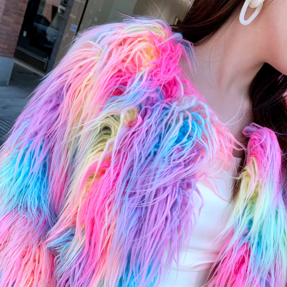 Original Design Female Fashion Pink Colorful Faux Fur Coat Lady Shaggy Outerwear Women\'s Short Jacket Factory Direct Sales