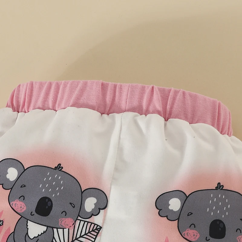 Baby Girls 4PCS Pants Sets Pink Long Sleeve Romper Koala Print Pants Headband Hat Sets