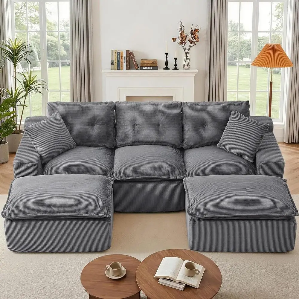 

U-Shaped Cloud Sectional Sleeper Sofa, Comfortable Couch, Deep Seating with 2 Adjustable Ottomans, Ready to Use, Corduroy, Dark