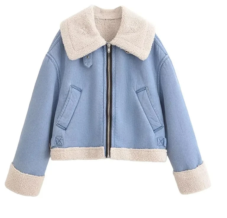 

Denim Fleece Lined Long Sleeve Zipper Cotton Jacket Large Collar New Arrival Women's Fashion Coat