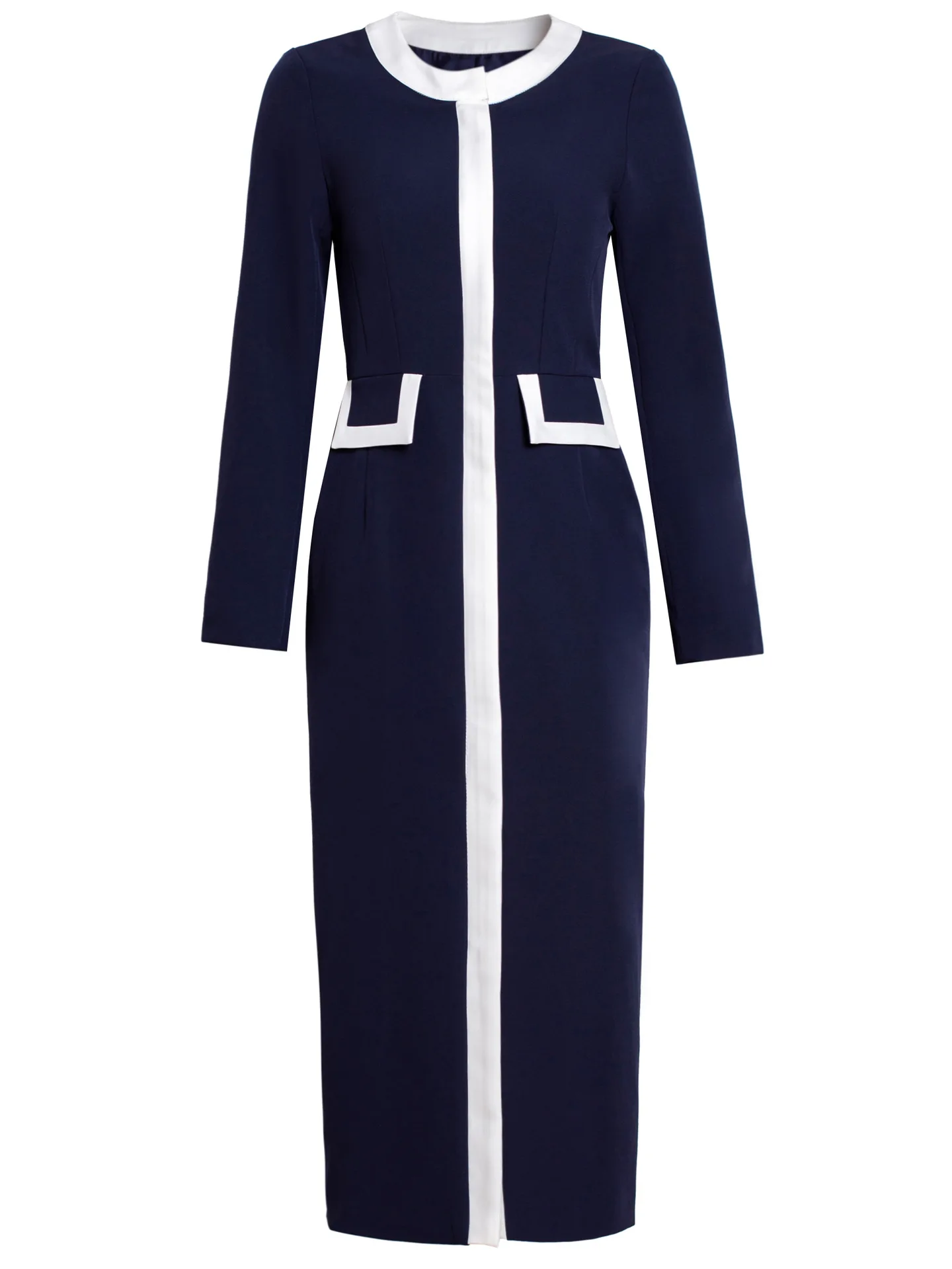 ZJYT Runway Fashion Autumn Color Block White and Blue Office Dress Women Elegant Long Sleeve Brief Midi Straight Dresses Vestido