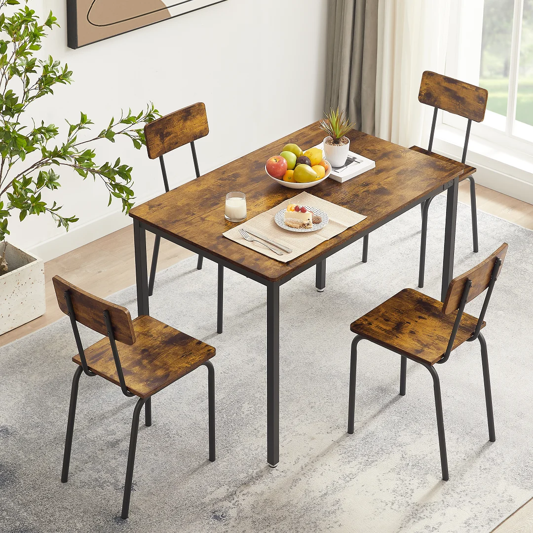 

[Flash Sale]5-Piece Industrial Wind Dining Table Set 1 Table + 4 Dining Chairs(with Backrest) Rustic Brown [US-Stock]