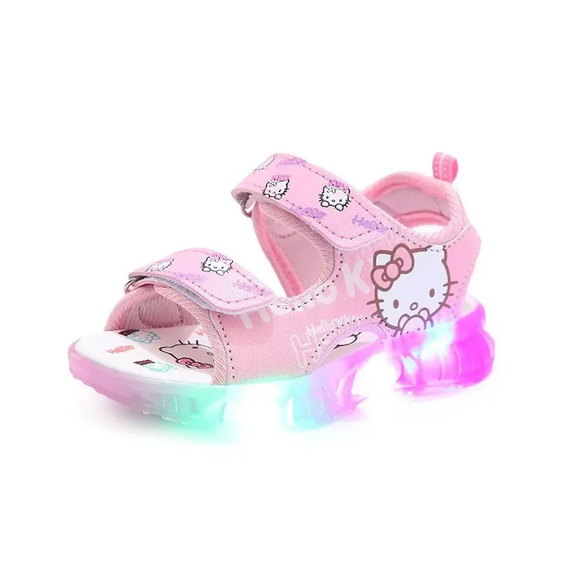 2024 Summer Baby LED Light Sandals For Girls Cute Hello Kitty Children\'s Casual Shoes Anti-slip Kids Beach Shoes Outdoor Shoes