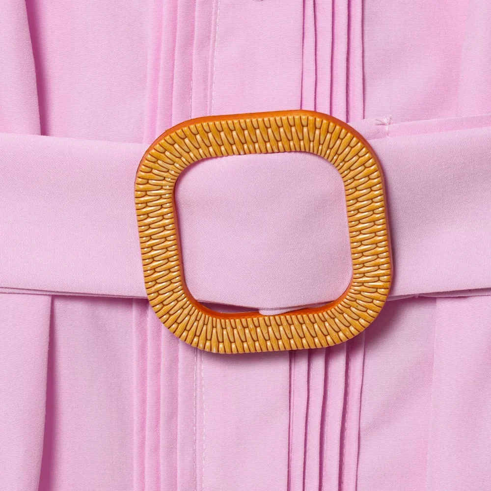 فستان نسائي جديد بقصة ضيقة وزخرفة حافة مطوية، يتميز بياقة بأكمام قصيرة مع حزام وفستان #3