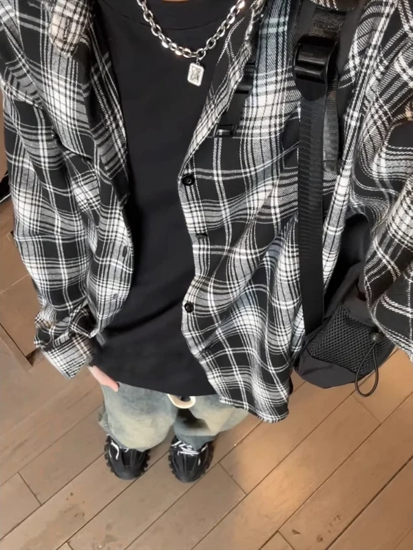 

Bla White Plaid irt Men's Spring Faion Layering Long Sve Nas Sexy American Sle Cleanfit Plaid Coat Youth Trend