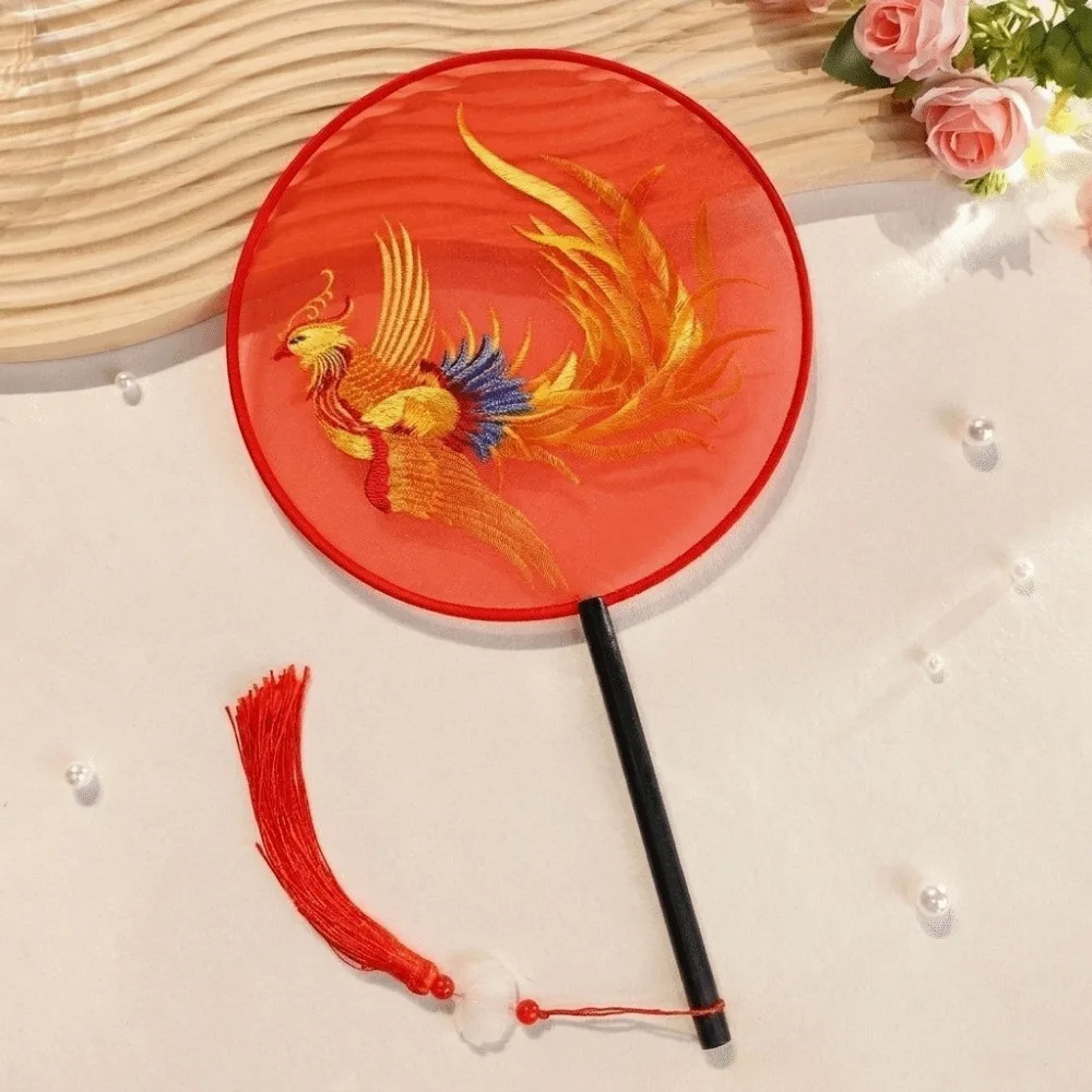 Vintage Wooden Handle Double Sided Embroidery Fan Flower Pattern Handheld Embroidered Silk Fan with Tassel Hanfu Hand Fan Party