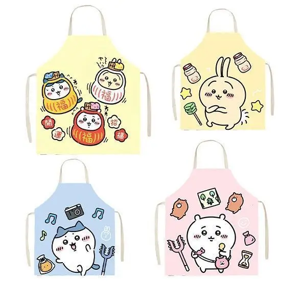 Chiikawa Cartoon Cotton Linen Apron Cute Usagi Hachiware Print Kitchen Cooking Apron Adjustable Strap Art Smock For Women Kids