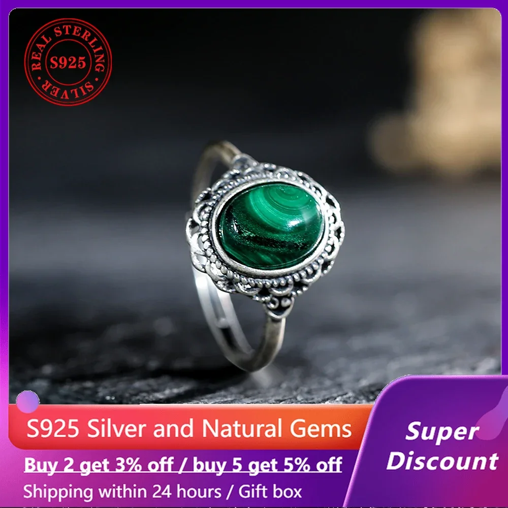 

Vintage S925 sterling Silver Ring Natural Mineral Green malachite Women's Style Ring Exquisite Jewelry Couple Ring Birthday Gift