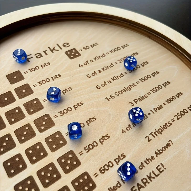 1 Farkle Dice Tray - Wooden, Classic Farkle Game Board with 6 Blue Dice, Ideal for Family Gatherings and Travel Boardoh00028-LJX
