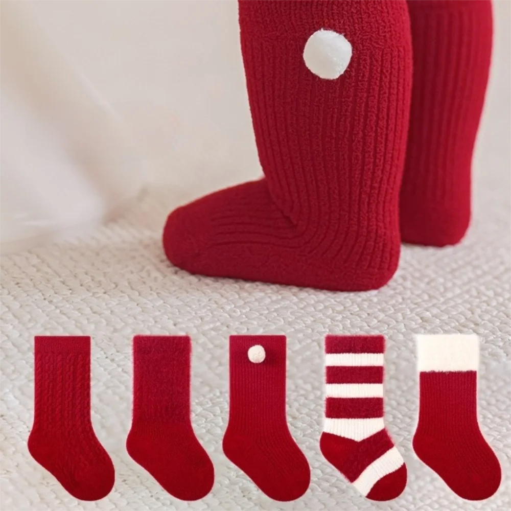 Soft New Year Infant Socks Cotton Middle Tube Warm Red Socks Boneless Construction Stripe Thickened Velvet Toddler Socks Daily