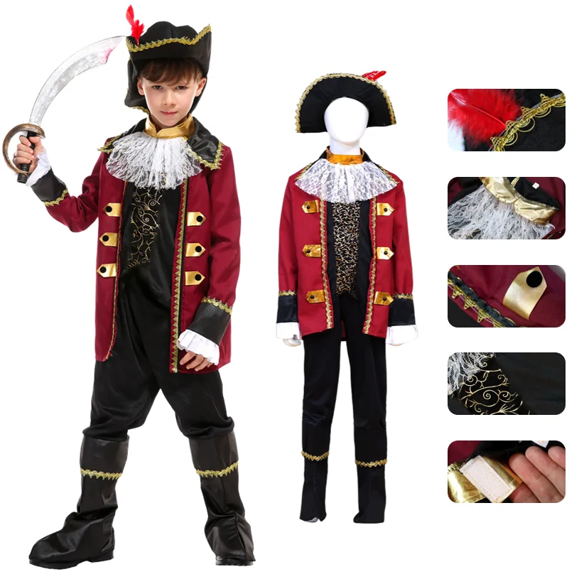 

Halloween Pirate Navy Captain Costume Kids Boys Cosplay Suit Stage Performance Role Play Clothes with Hat No weapen