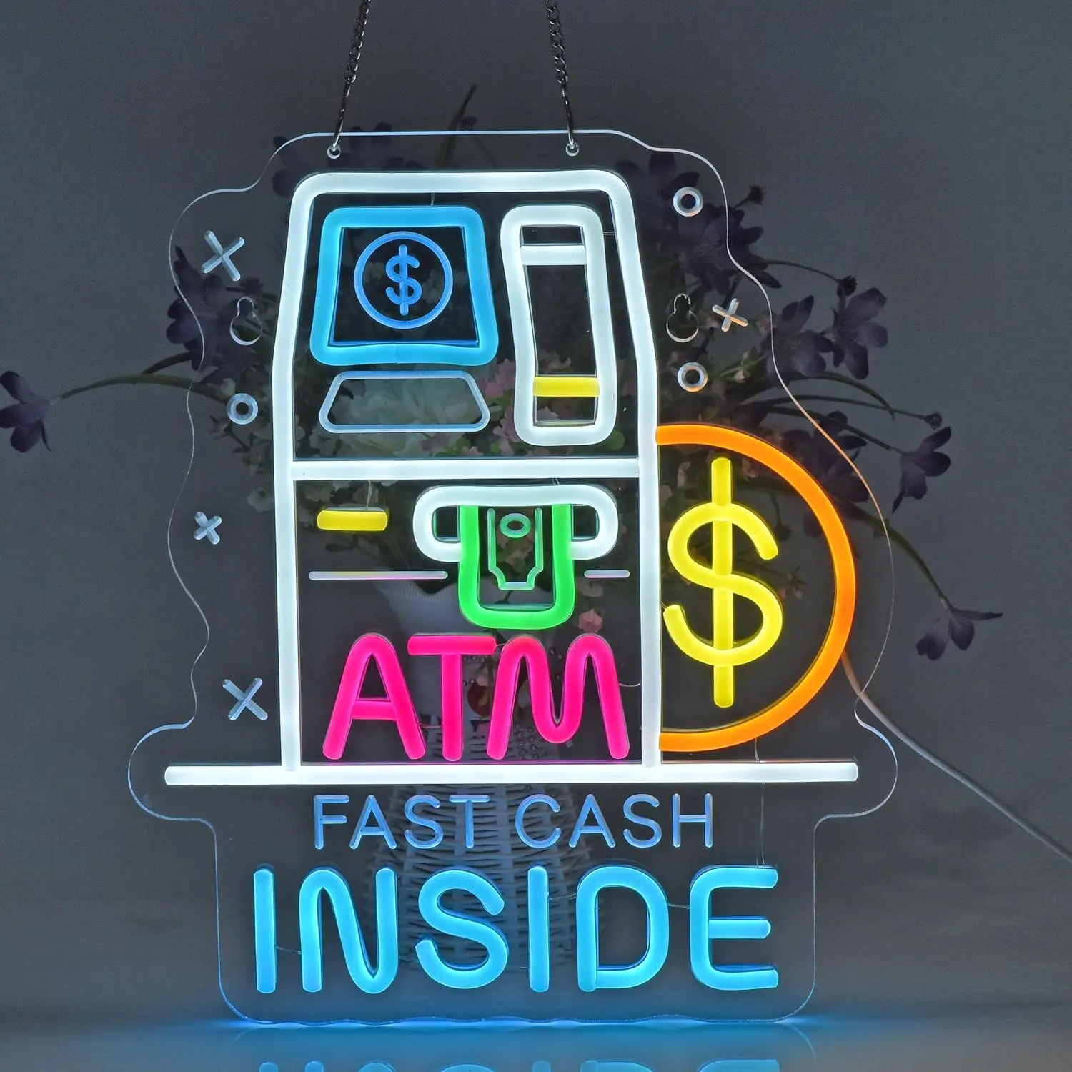 ATM Inside Neon Sign LED Hanging Neon Light Sign for Business Restaurant Retail Shop 24-Hour Store Gas Station Decor Dimmable