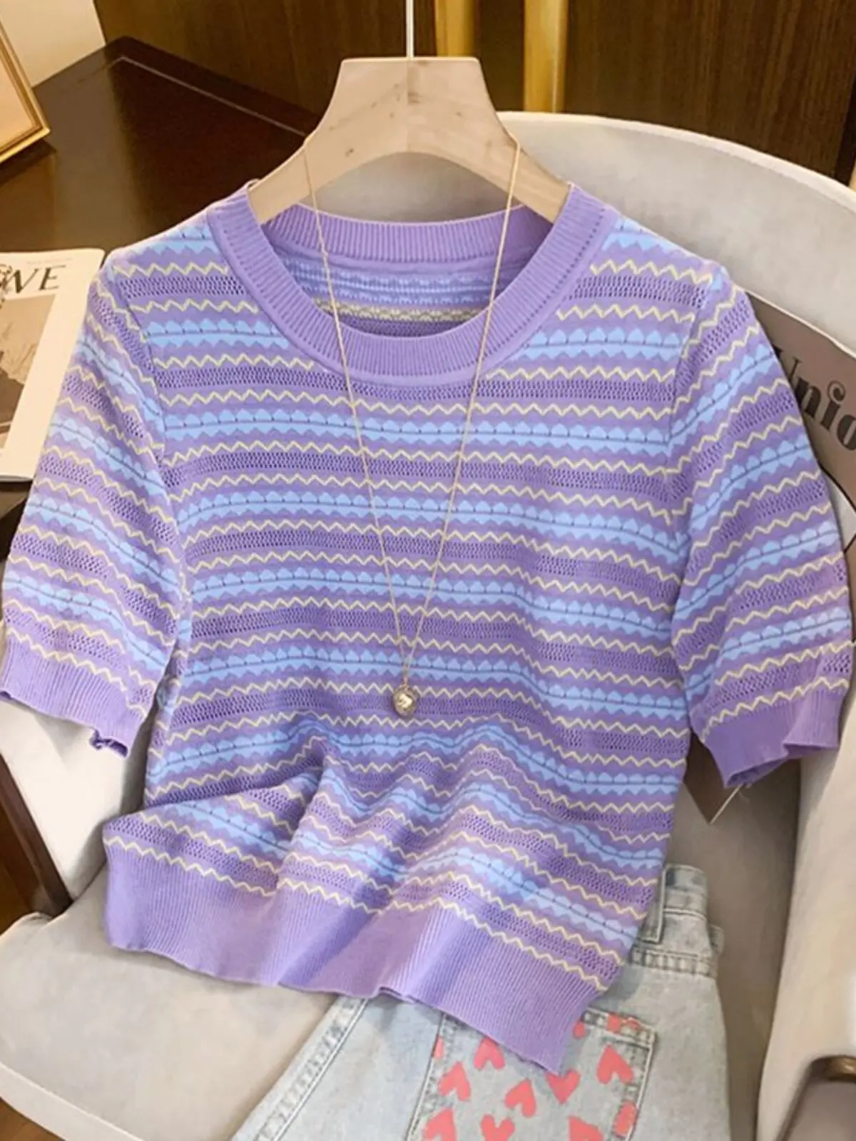 Women's Purple Stripe T-shirt Hollow Out Short Sleeve Knit Top Y2K Gyaru Vintage Korean Style O-Neck Knitwear for Women Summer