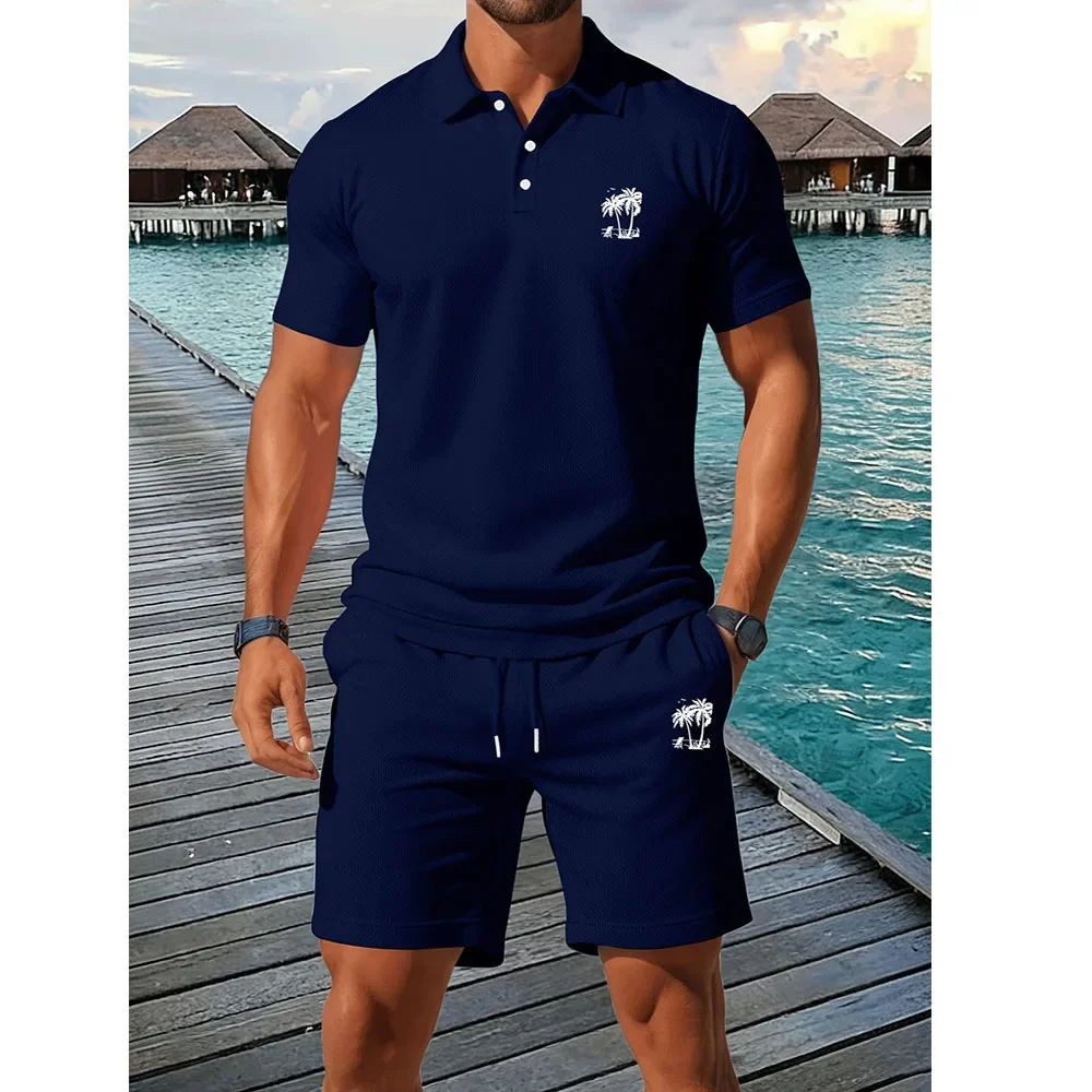 Summer New Men's Polo Shirt Set Casual Sporty Cool Fashionable Slim Fit Breathable Solid Color Short‑Sleeved Shorts Set Men's