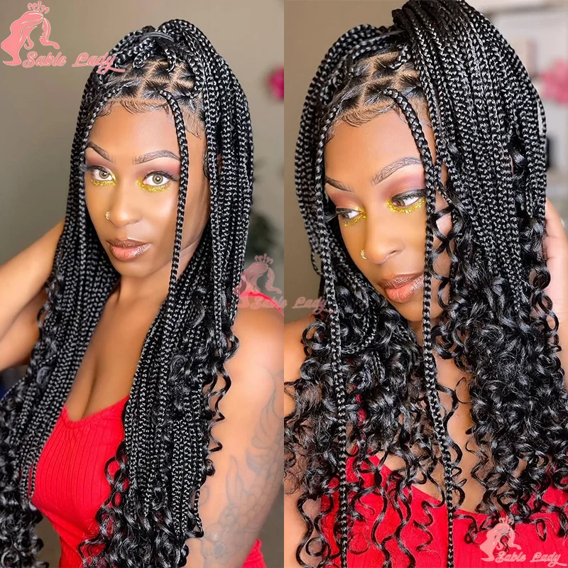 

24-дюймовые синтетические плетеные парики Cornrow Box Braids с вьющимися концами Блондинка без узлов Полный парик шнурка для афро-черных женщин