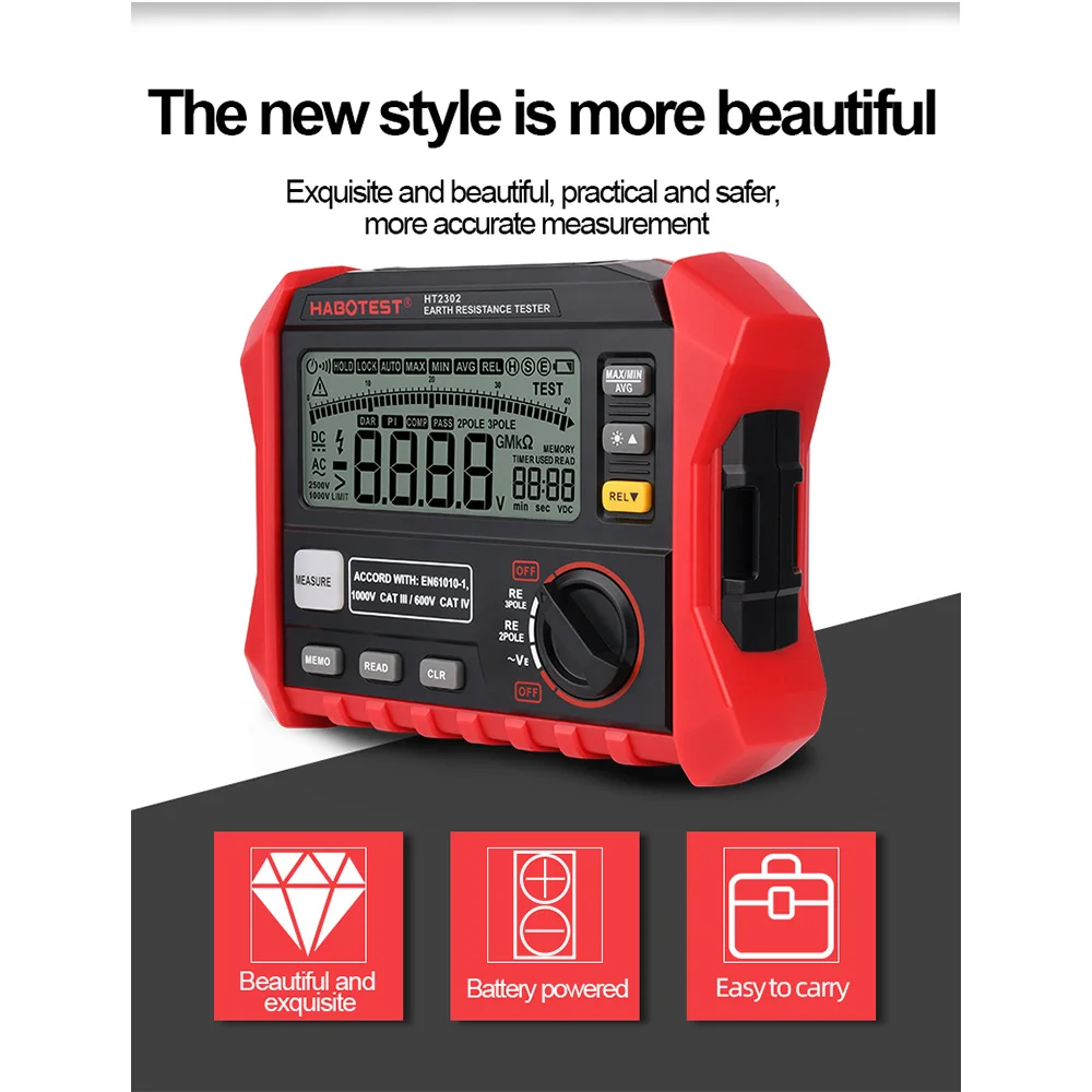 HABOTEST HT2302 Digital Earth Resistance Tester Meter 0 Ohm to 4K Ohm 100 Groups Data Storage LCD Display with Carrying Case