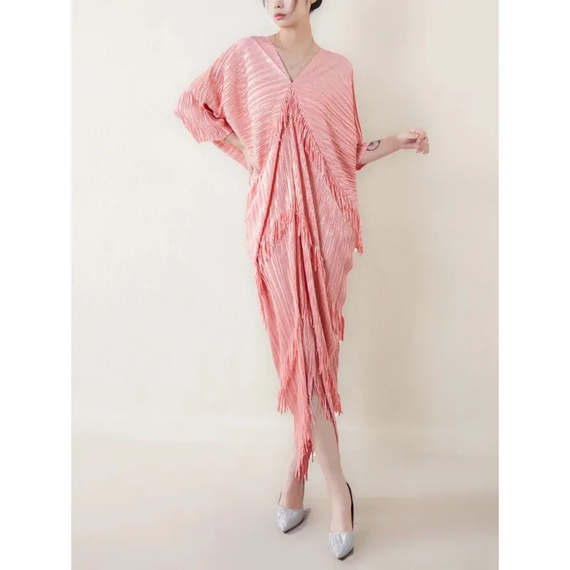 SMVP 여성용 우아한 원피스 브이넥 박쥐 소매 술 디자인, 루즈한 대형 여성 드레스, 단색, 2025 용수철, 신상