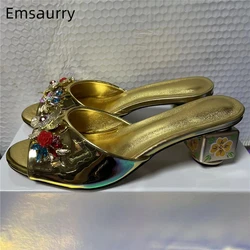 Crystal Metal Flower Buckle Decor Mules Summer Exotic Print Square Heel Slingbacks Luxury Patent Leather Sandals Women