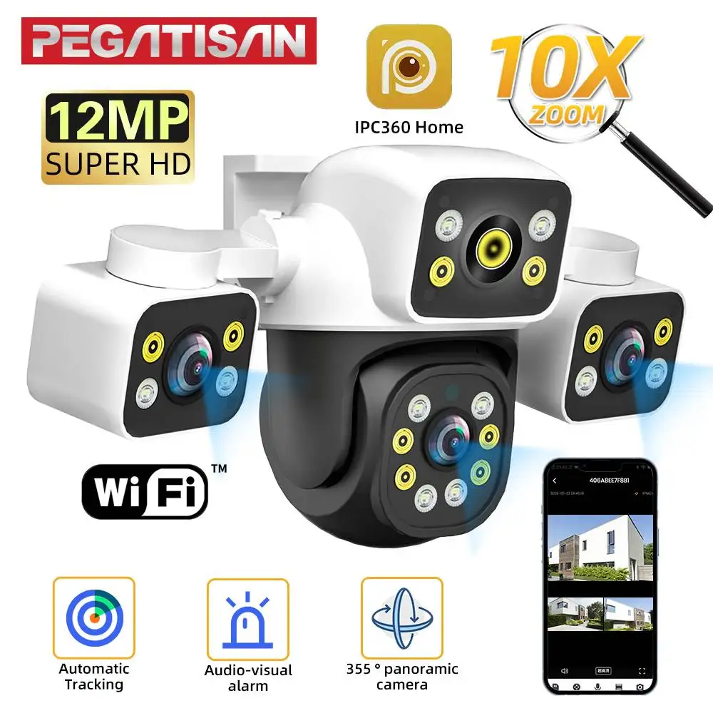 

6K 12MP Outdoor WiFi Camera Three Screen Three Lens 10X Zoom PTZ Automatic Tracking Audible Visual Alarm Security Camera