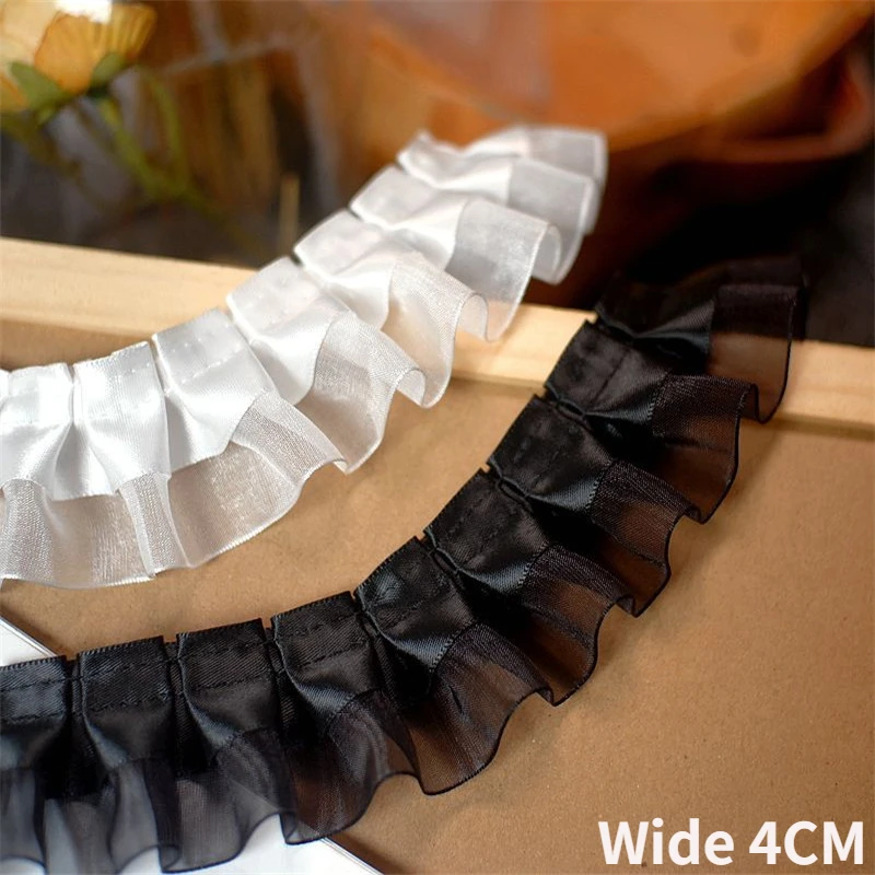 4CM Wide White Black Double Layers 3d Pleated Lace Fabric Needlework Ruffles Trim Fringe For Curtains Cloth Sewing Guipure Decor