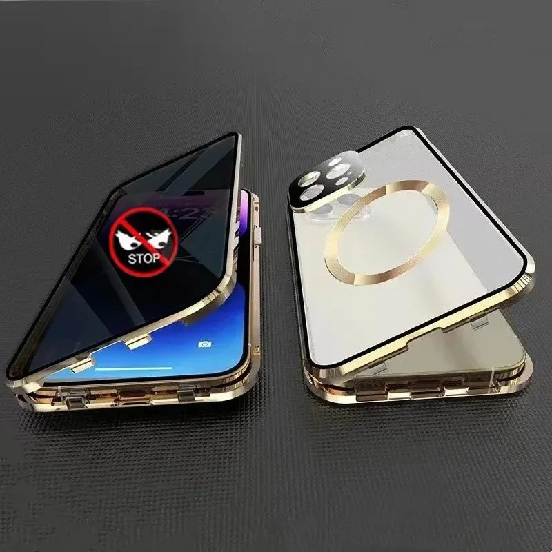 Metallische Magnetische Datenschutz-Hülle für Magsafe iPhone 17 16 E 15 14 13 12 Pro Max Plus 17E Linsenschutz Doppelseitiges Glas Schnappverschluss