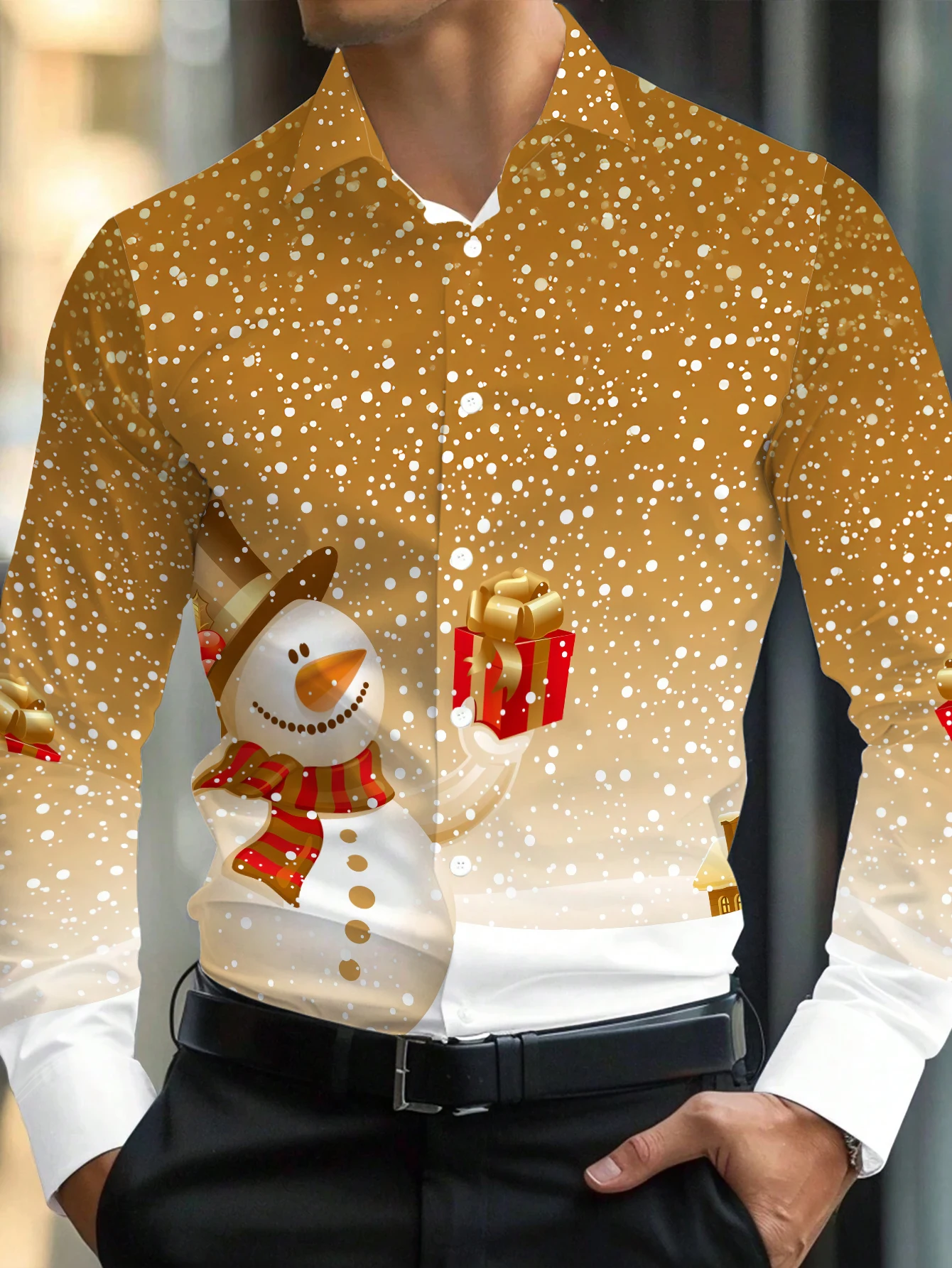 

Рождественская коллекция снеговика, мужская рубашка с праздничным принтом, свободный крой с длинными рукавами, неэластичная повседневная рубашка Btn-Up ​ ​