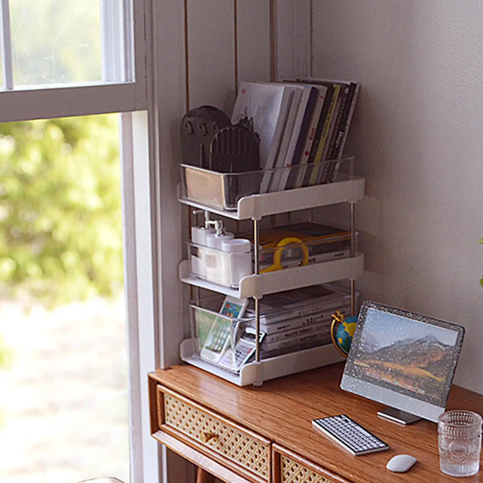 Carrello con rotelle a 4 livelli in miniatura per casa delle bambole 1:6 per progetti fai da te che costruiscono bianco