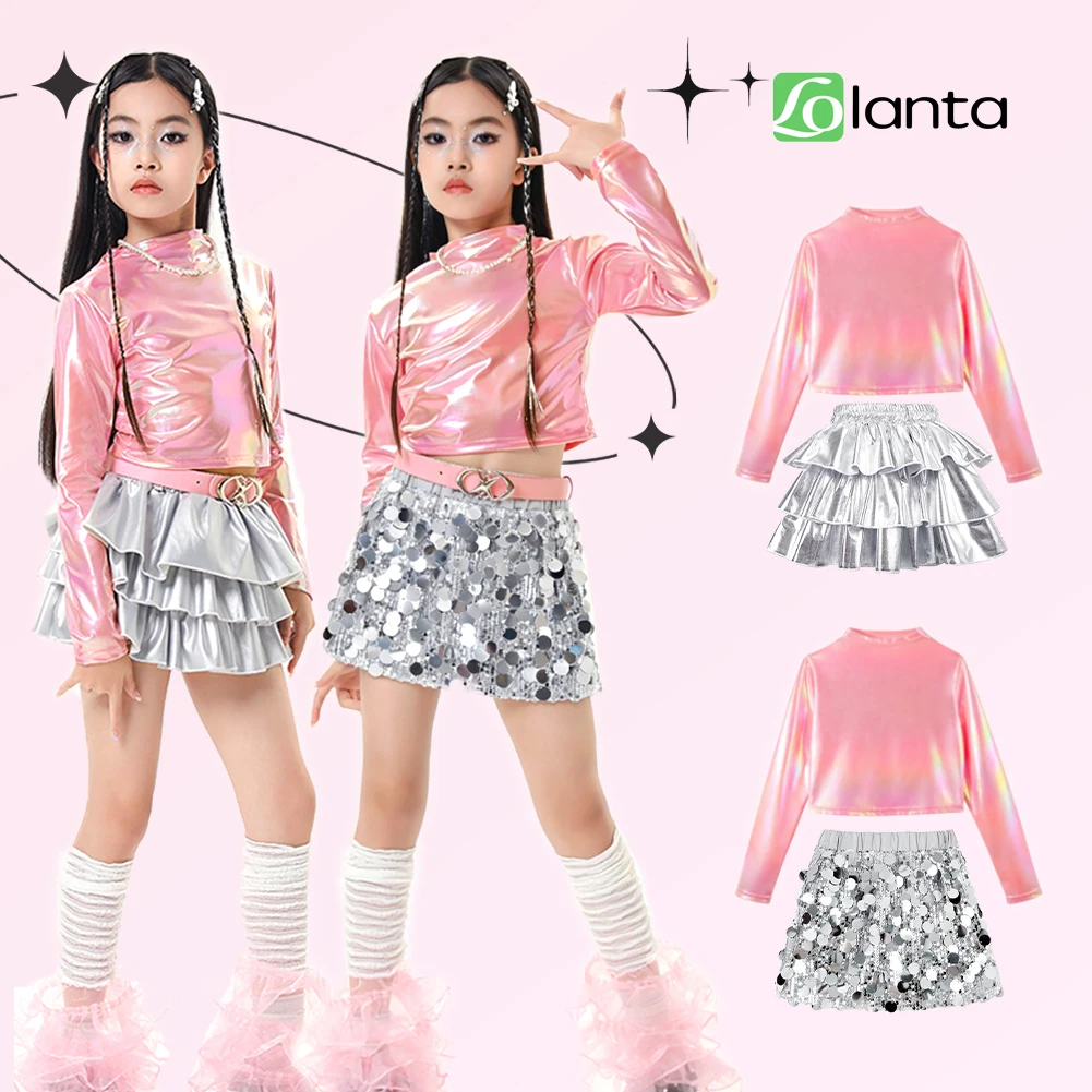 LOlanta Metallic Dance Tops Sequins Skirts for Girls Jazz Dance Outfit Hip Hop Street Dance Trendy Clothes Performance Costume
